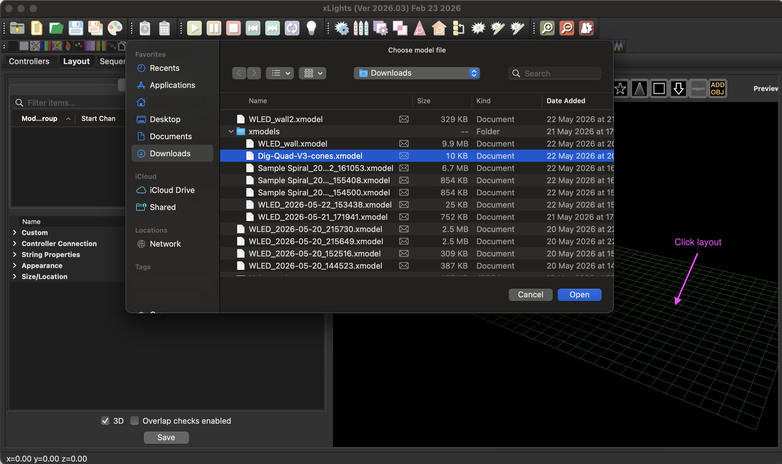 xLights Layout tab showing the Models panel on the left and a 3D grid preview on the right