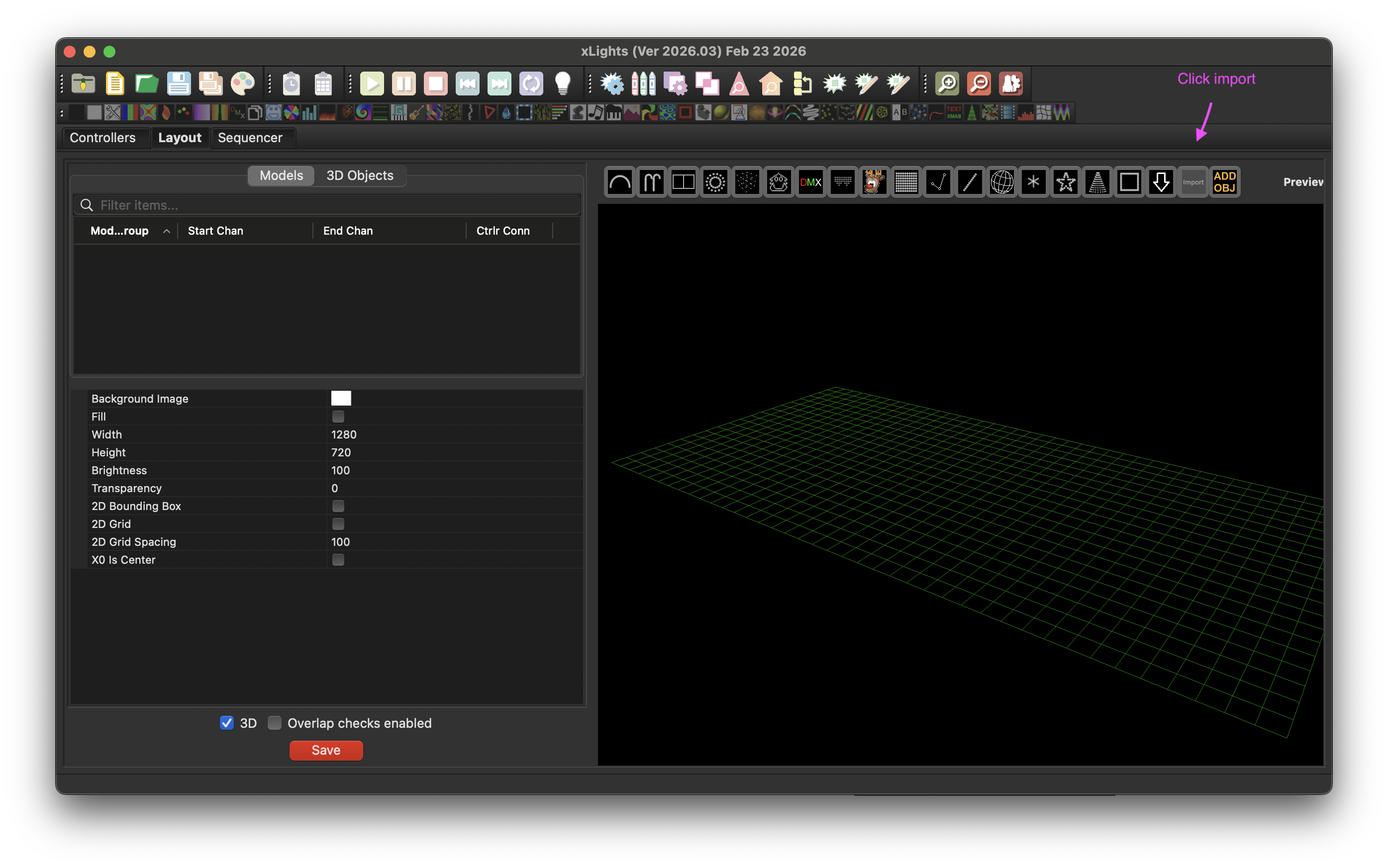 xLights Layout tab showing the Models panel on the left and a 3D grid preview on the right