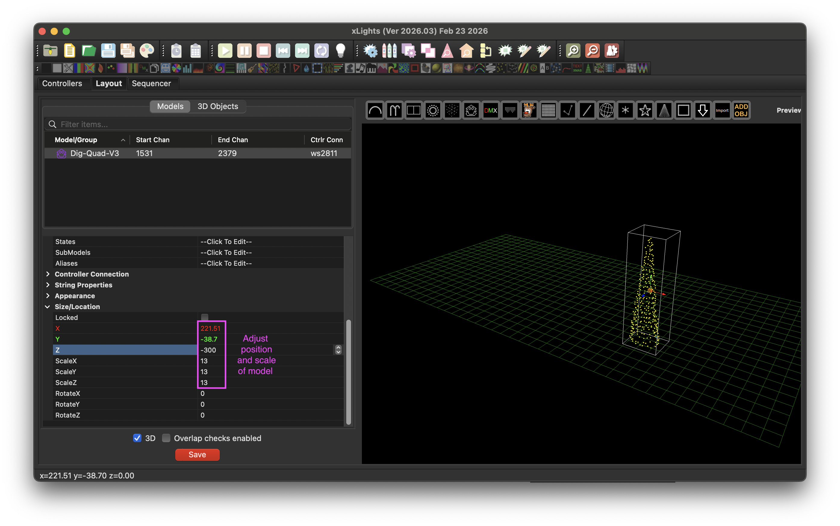 xLights Layout tab showing the scaled custom model imported.