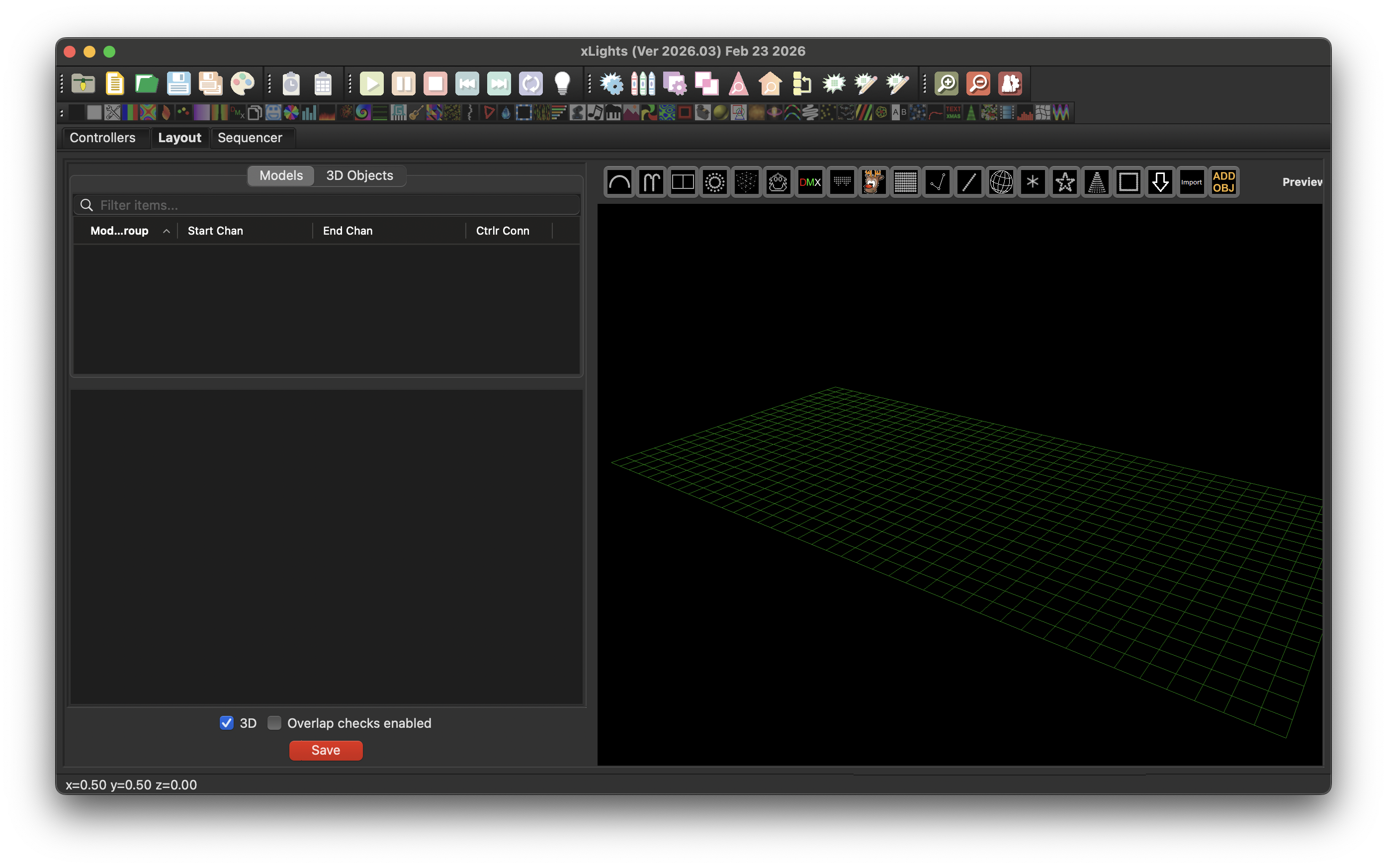 xLights Layout tab showing the Models panel on the left and a 3D grid preview on the right